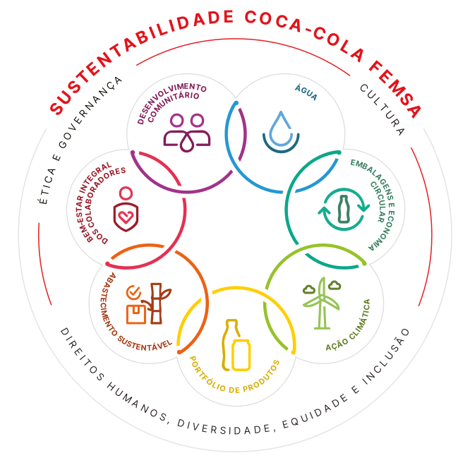 Marco de sostenibilidad de Coca-Cola FEMSA y sus prioridades estratégicas.