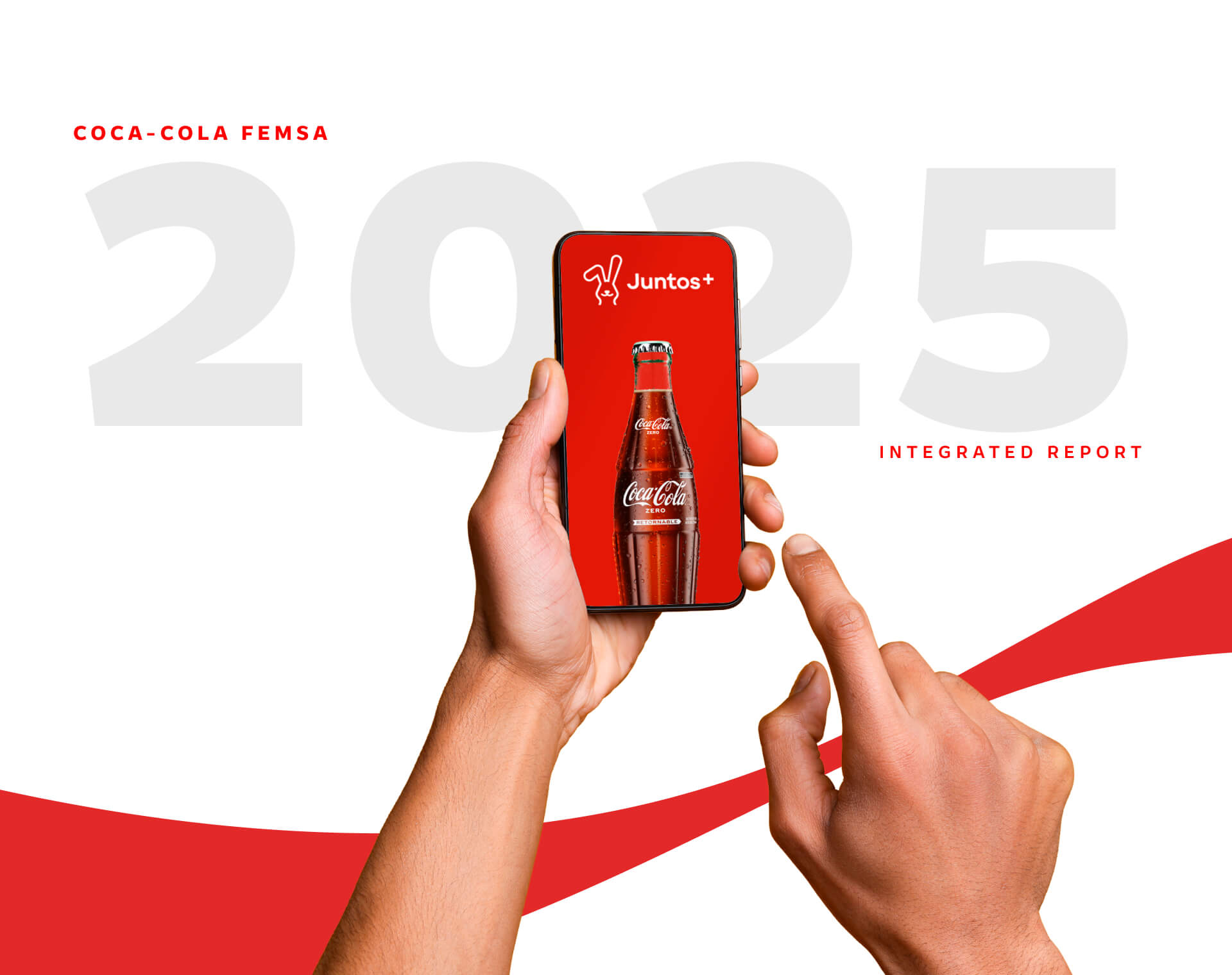 Capa do Relatório Integrado 2025 da Coca-Cola FEMSA com celular e garrafa de Coca-Cola.